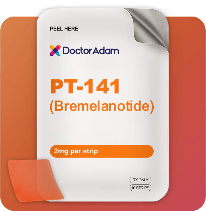 Packaging of Doctor Adam PT-141 (Bremelanotide) on a red background