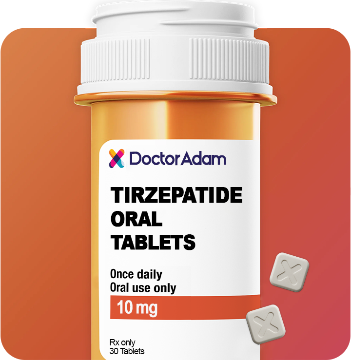 "Doctor Adam Tirzepatide 10mg oral tablets and bottle on orange background."