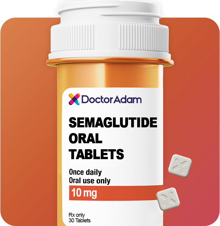 Bottle of Semaglutide oral tablets with 'Doctor Adam' label on an orange background