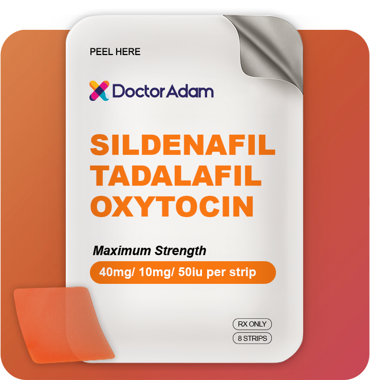 Packaging of sildenafil, tadalfil, oxytocin with Doctor Adam branding on an orange background.