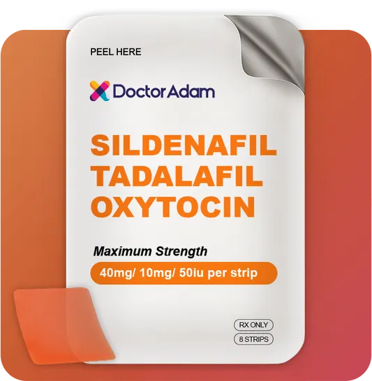 Packaging of sildenafil, tadalfil, oxytocin with Doctor Adam branding on an orange background.