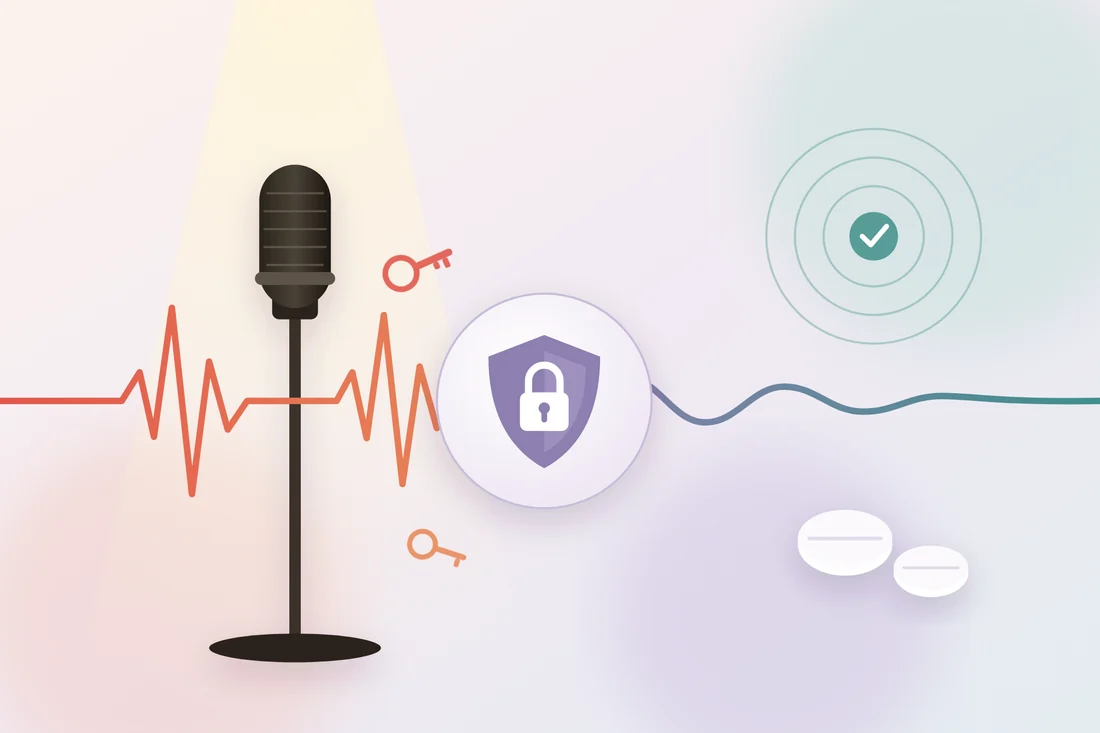 Illustration of beta blockers for anxiety: a racing heart rhythm beside a stage microphone turns into a calm, steady rhythm after a shield blocks adrenaline.