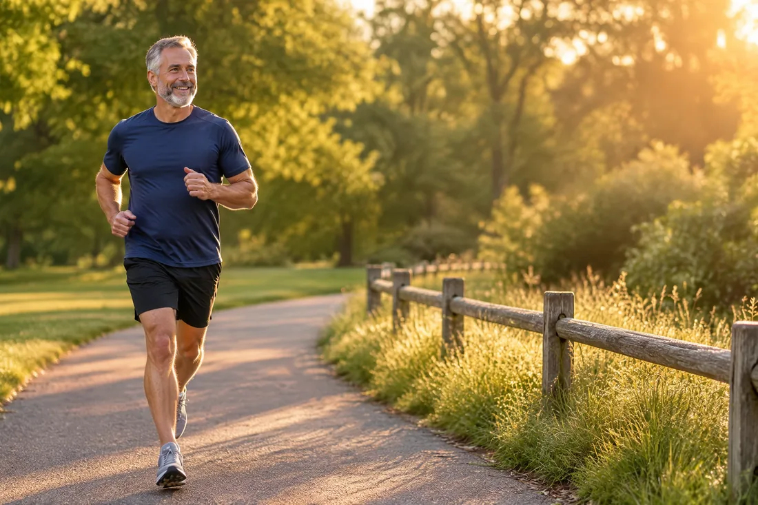 How can men live longer: a healthy, smiling gray-haired man in his 50s jogging on a park path at sunrise.