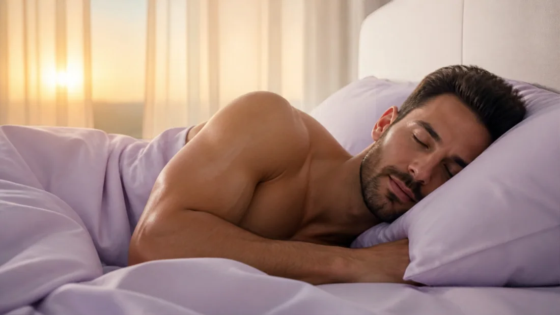 Man sleeping peacefully at sunrise, illustrating the link between sleep and testosterone.