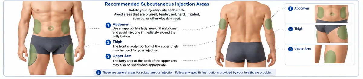 Semaglutide injection sites showing abdomen thigh and upper arm