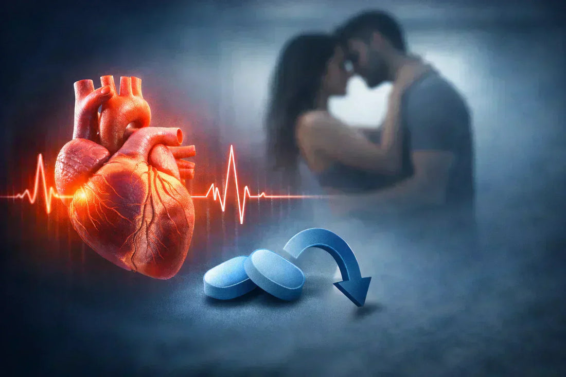 Illustration showing the connection between heart health and erectile function with an anatomical heart, ECG line, blue pills, and a blurred couple in the background.