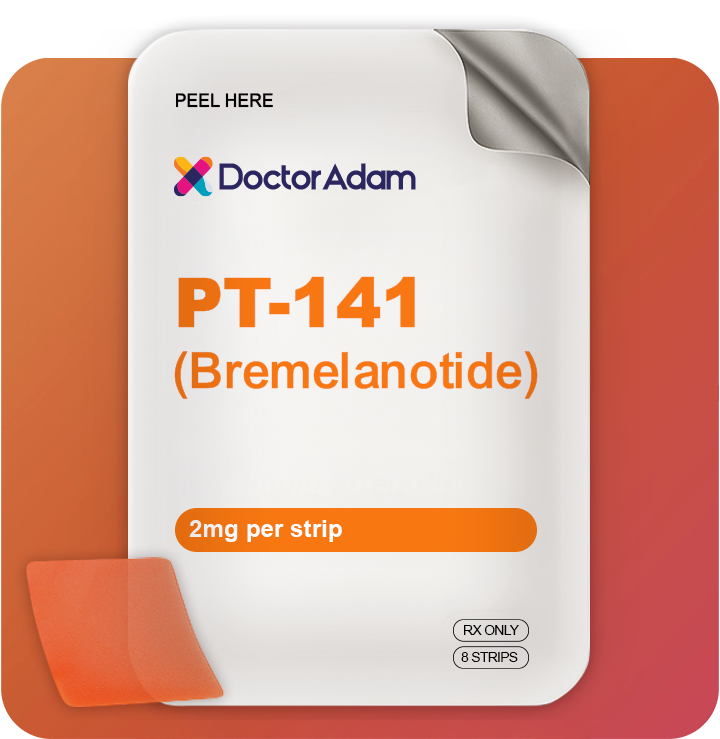 Packaging of Doctor Adam PT-141 (Bremelanotide) on an orange background