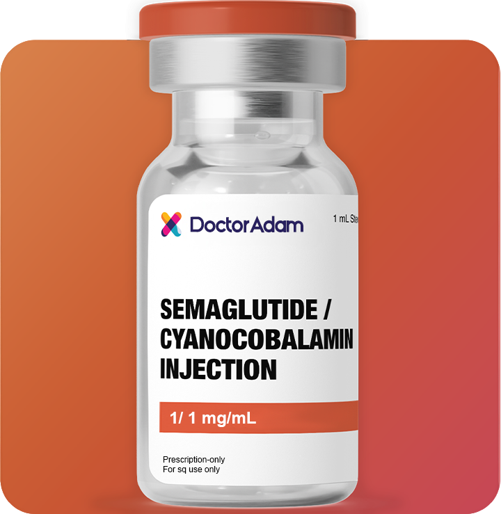 Vial of Semaglutide/Cyanocobalamin Injection with 'Doctor Adam' branding on an orange background