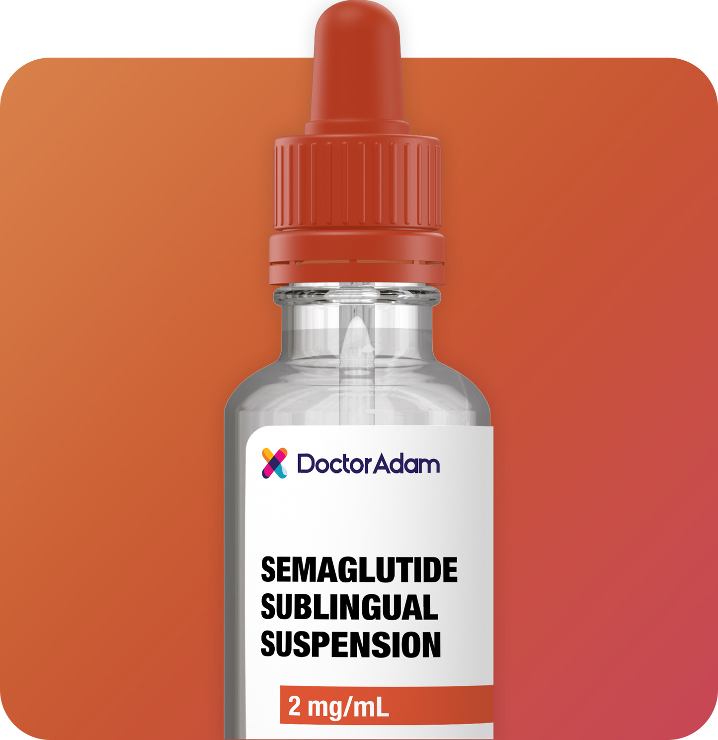 Bottle of Semaglutide sublingual suspension with a red dropper on an orange background, branded as Doctor Adam.