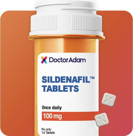 Bottle of Sildenafil Tablets by Doctor Adam on an orange background