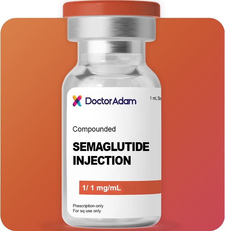 "Doctor Adam Semaglutide Oral Tablets 10mg bottle with two white pills on an orange gradient background."