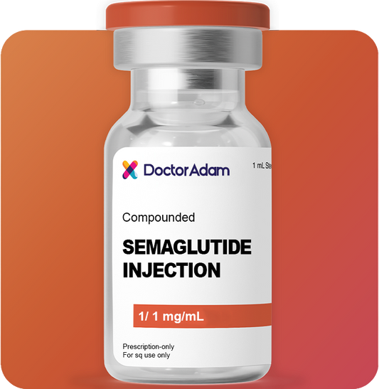 "Doctor Adam Semaglutide Oral Tablets 10mg bottle with two white pills on an orange gradient background."